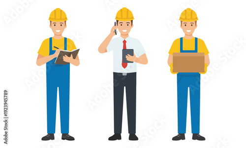 Construction Workers, Engineer, and Delivery Man in Hard Hats