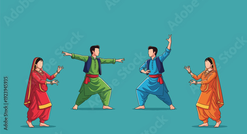 traditional Indian dance couple isolated on turquoise background.