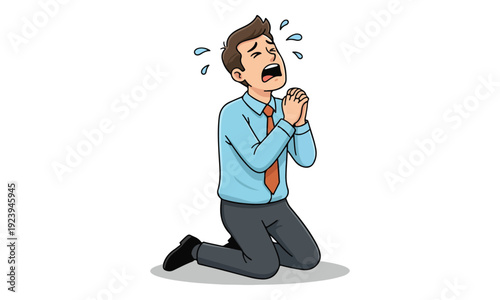 Businessman Crying and Pleading on Knees with Clasped Hands