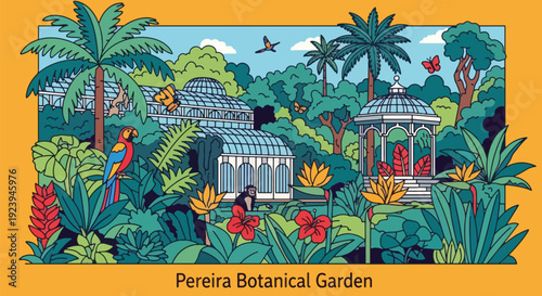 Tropical Botanical Garden with Pavilions and Palm Trees.