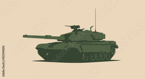 green tank silhouette on beige background.