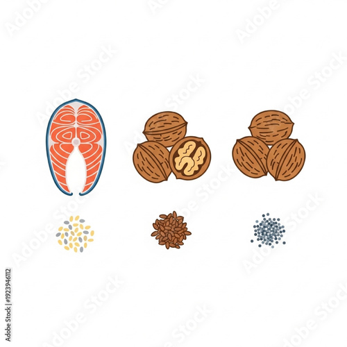 Minimalist Vector Illustration of Omega-3 Healthy Foods: Fish, Walnuts, Flax, Chia in Flat Design