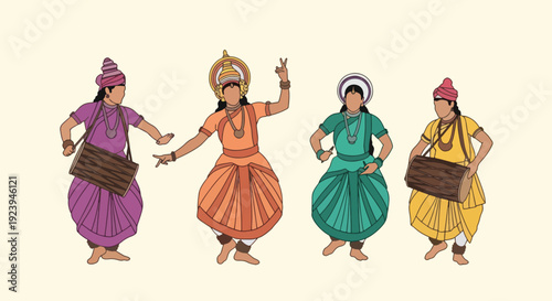 Indian classical dancers with dholaks in traditional attire.