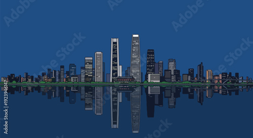 City skyline with skyscrapers reflection on calm water.