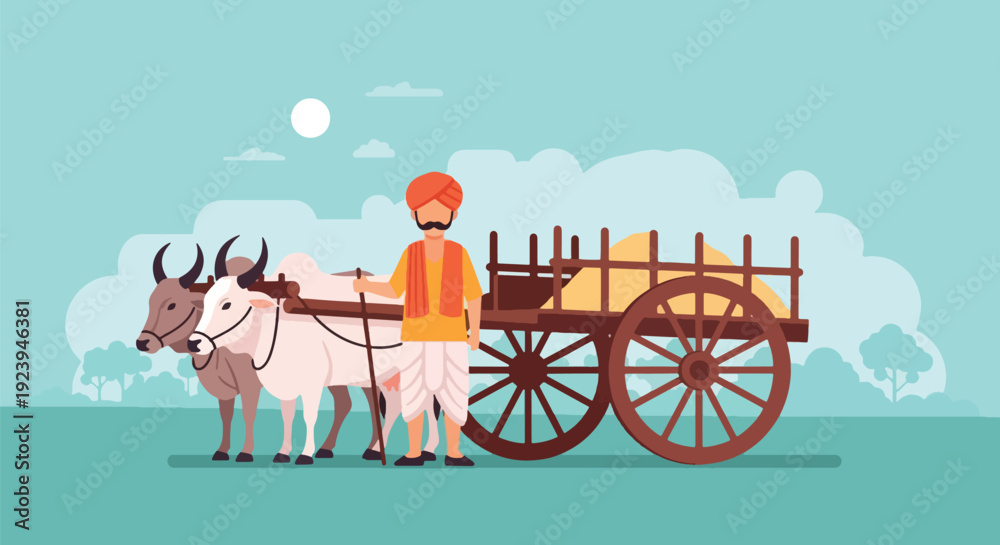 Fototapeta premium Indian farmer with oxen cart agriculture rural life.