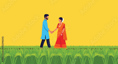 Couple Holding Hands in Wheat Field.