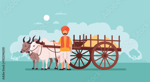 Indian farmer with oxen cart agriculture rural life.