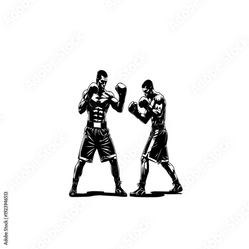 Boxing fighters facing off in sparring stance black and white illustration isolated on white background