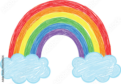 Colorful hand drawn rainbow vector illustration with blue clouds in a playful crayon sketch style for kids education nursery decor and greeting card design.
