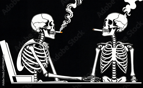 Smoking skeletons smoking cigarette smoke graphic warning about deadly impact of tobacco addiction in stark black and white illustration