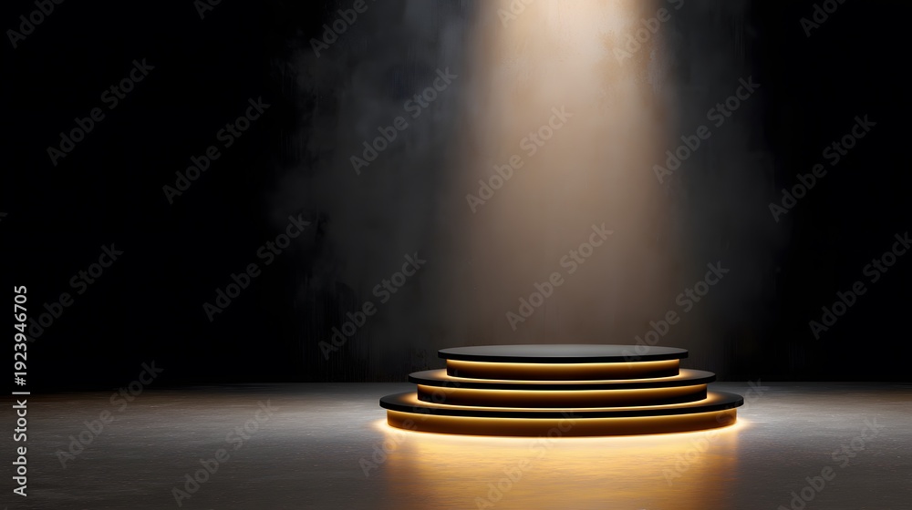 Obraz premium Illuminated Stage: A captivating view of a sleek, multi-tiered stage bathed in a spotlight. Evoking feelings of anticipation, this image is perfect for showcasing product