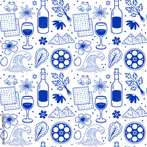 Passover holiday flat seamless pattern design in minimalist hand drawn style. Festive Passover Seder Plate Illustration with Floral Border and Jewish Holiday Symbols