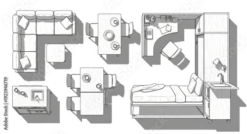 Detailed top-down view of a modern apartment layout with furniture arrangement.