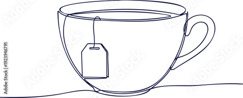 A simple line drawing of a tea cup with a tea bag inside on a table viewed from the side