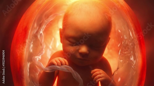 Unborn human fetus floats peacefully inside the glowing red amniotic sac connected by an umbilical cord representing early biological development and medical maternity healthcare concepts