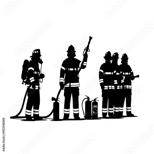 Firefighters team with equipment silhouette emergency response and rescue concept illustration