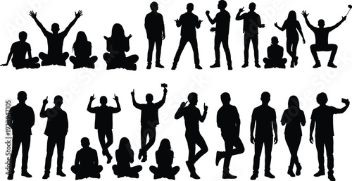 Vector illustration set of diverse human silhouettes, casual people poses collection with standing, sitting, selfie, expressive gestures, modern lifestyle design elements.