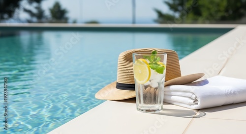 Refreshing summer drink by the pool with hat and towel nearby