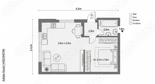 Detailed floor plan of a modern apartment with various rooms and furniture arrangements.