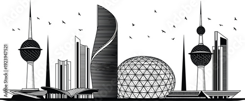 Kuwait City skyline vector illustration featuring famous landmarks like Kuwait Towers and Al Hamra Tower in a modern black line art style