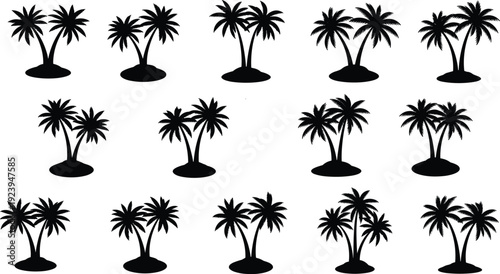 Vector illustration set of fifteen palm tree silhouettes, tropical island pairs with curved trunks, frond variations, summer vacation, beach, nature design concepts.