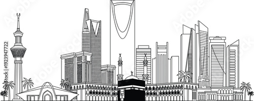 Riyadh Saudi Arabia city skyline vector illustration featuring famous skyscrapers like Kingdom Centre and Al Faisaliyah Center in a modern black line art style