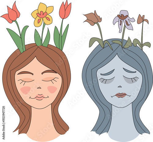 Vector illustration showing the contrast between psychological well-being and depression. Two female characters: one with bright blooming flowers and a smile, the other with drooping plants and a sad 