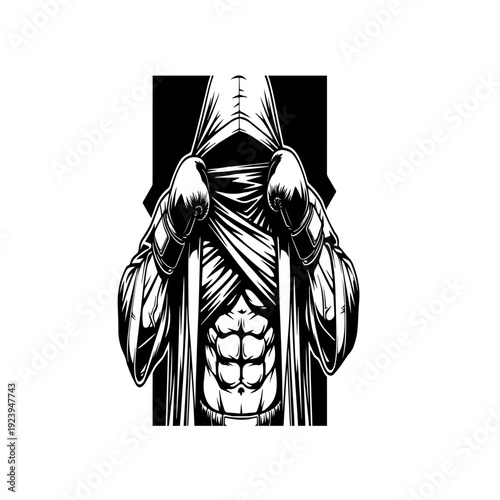 Muscular boxer lifting hoodie with gloves showing abs powerful combat sports illustration