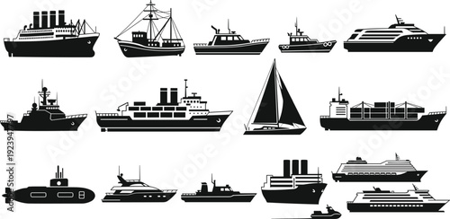 Ship, boat, silhouette, vector, set, including, cruise, ship, yacht, sailboat, cargo, vessel, submarine, for, maritime, transport, ocean, travel, nautical, design