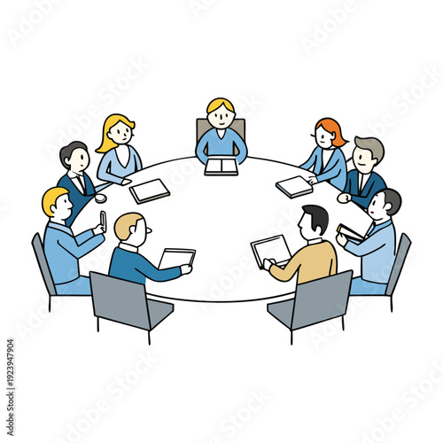 A crowded meeting room buzzes with conversation, laptops open, papers scattered, ideas flowing fast, everyone focused, collaborating, and making decisions together.
