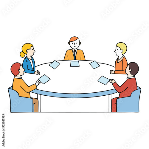 A crowded meeting room buzzes with conversation, laptops open, papers scattered, ideas flowing fast, everyone focused, collaborating, and making decisions together.
