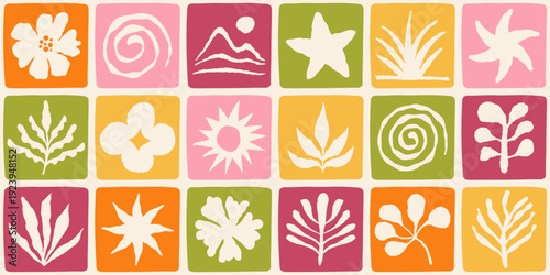 Vector summer seamless pattern in simple wavy and groovy naive style, flowers and plants, floral botanic hand drawn design backgrounds and prints,  modern art prints, surface design