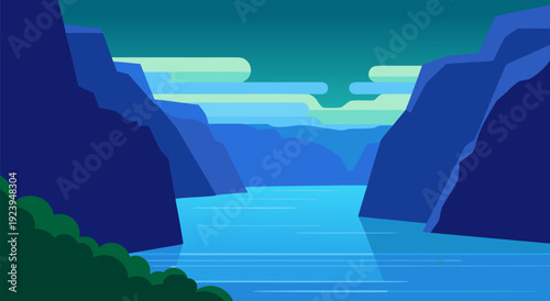 Serene Vector Illustration of Calm Water Between Stylized Landmasses with Blue Palette and Foliage