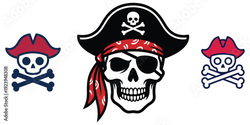 Pirate skull emoji icon with eye patch and bandana, skeleton face and crossbones