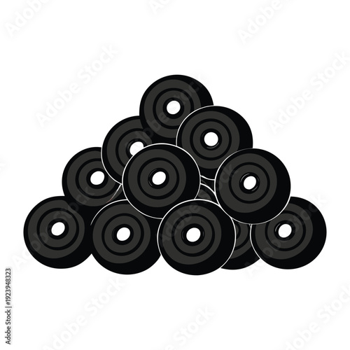A towering pile of black wheels stacked haphazardly, their shiny surfaces catching light, hinting at motion paused, waiting for roads and journeys ahead.
