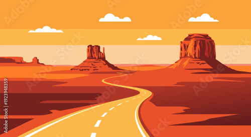 Stylized Desert Landscape with Winding Road, Rock Formations, and Vibrant Sky in Vector Illustration