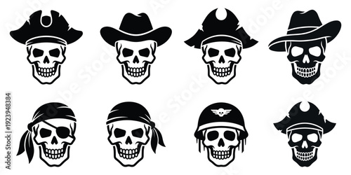 Skull emoji icons in hats with pirate flags and military helmets face skeleton danger