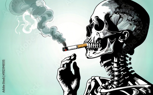 Smoking skull with cigarette and smoke, skeletal profile holding cigarette, graphic illustration of smoking deadly impact and health warning