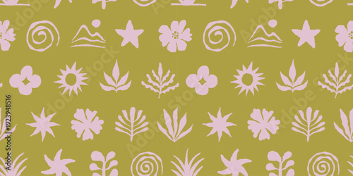Vector summer seamless pattern in simple wavy and groovy naive style, flowers and plants, floral botanic hand drawn design backgrounds and prints,  modern art prints, surface design