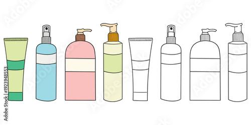 Hand-drawn cartoon and doodle set of cosmetic jars on a white background.