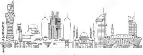Doha Qatar skyline vector illustration featuring famous landmarks like Burj Doha and Museum of Islamic Art in a modern black line art style
