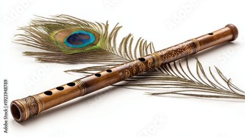 Indian bamboo flute laid next to peacock feather, symbol of Lord Krishna, white background