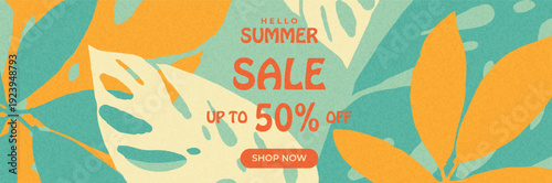 Bright summer sale banner with abstract tropical leaves, warm color palette and grain texture. Seasonal design for web advertising, promotions, online sales, and marketing campaigns