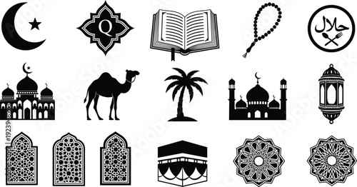 Islamic icons set, Ramadan Kareem ornaments, mosque silhouette, Quran book, Kaaba, camel, lantern, halal sign, crescent moon, prayer beads, mandala, religion