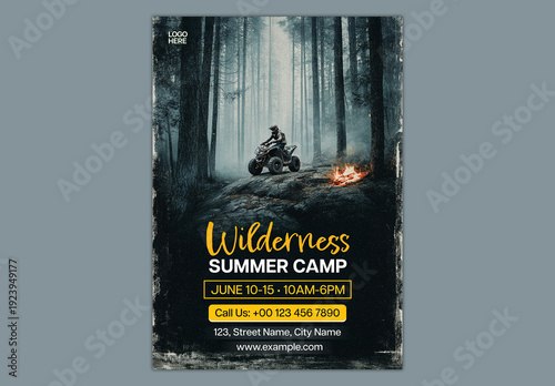 Editable Wilderness Summer Camp Adventure Poster Template in Dark Forest Theme with Off Road Activity for Advertisement.