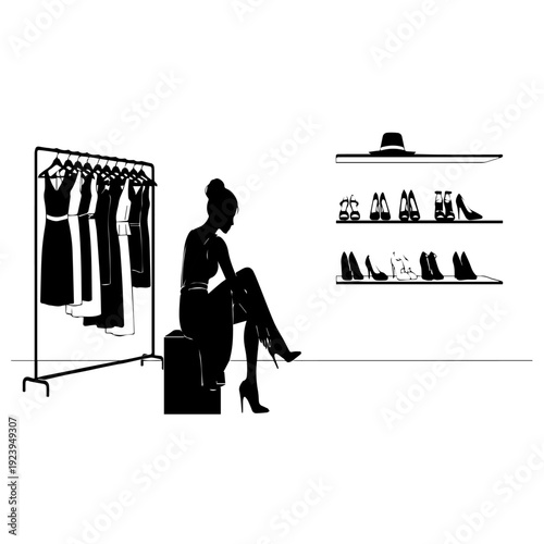 Woman trying on shoes in fashion boutique silhouette with clothing rack and shelves