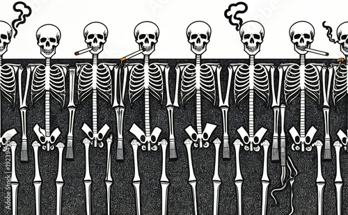 Smoking skeleton row of aligned skeletal figures smoking cigarette with textured background conveying grim health warning