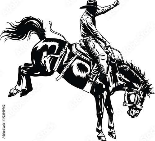 Rodeo cowboy illustration, bucking horse artwork, western motif, dynamic design vector collection for sport, ranch, adventure, and cultural themes