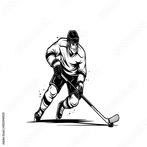Ice Hockey Player Action Illustration — Athlete Skating with Stick and Puck Sports Graphic