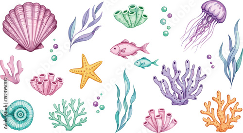Cute underwater sea life vector collection with colorful coral reef sponges seashells starfish jellyfish and tropical fish for summer ocean theme nursery design.